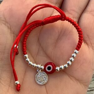Sterling Silver woven Bracelet with St.Benedict medal with red Evil Eye for Baby